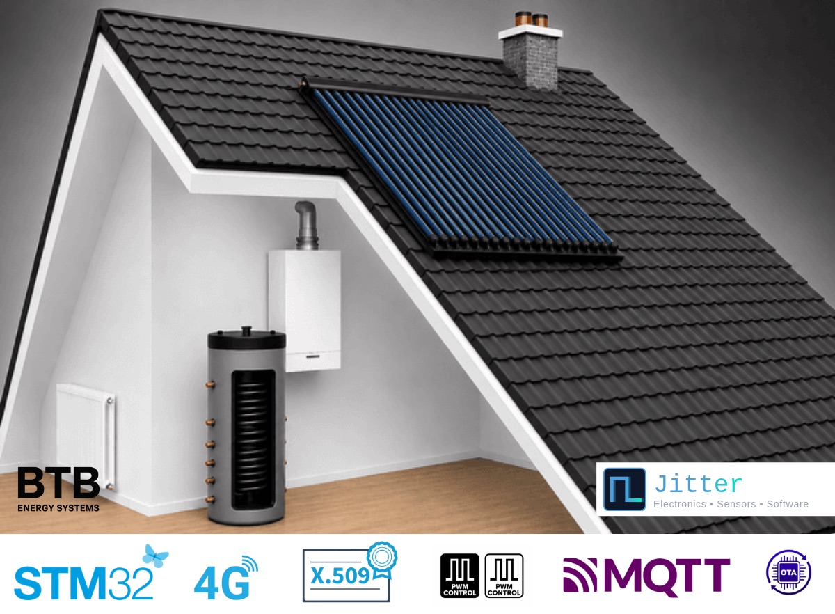 BTB Energy solar water heater with the technology used: STM32, 4G, X.509, PWM control, MQTT and over-the-air updates