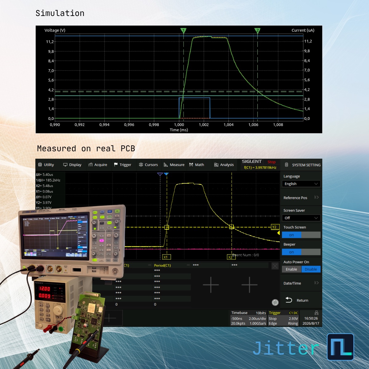 Simulated signal on top, signal measured on the real board below