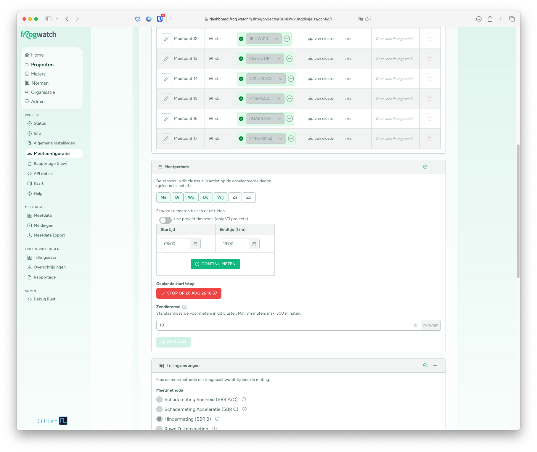 Frogwatch dashboard: setting the measurement period, scheduled stop and transmission interval